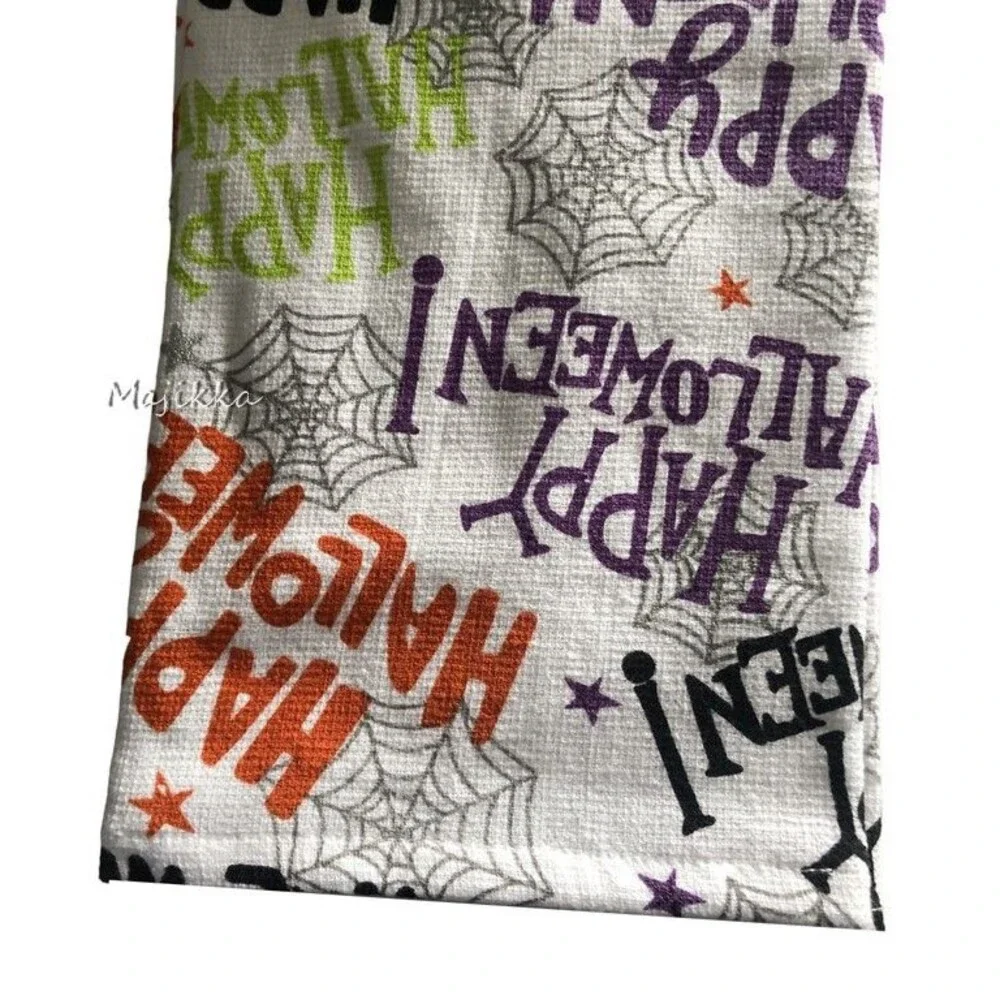 Tahari Happy Halloween Kitchen Dish Towels Purple Spider Webs Spooky Set of 2